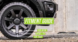 All-terrain tire and alloy wheel with wheel fitment specification guide